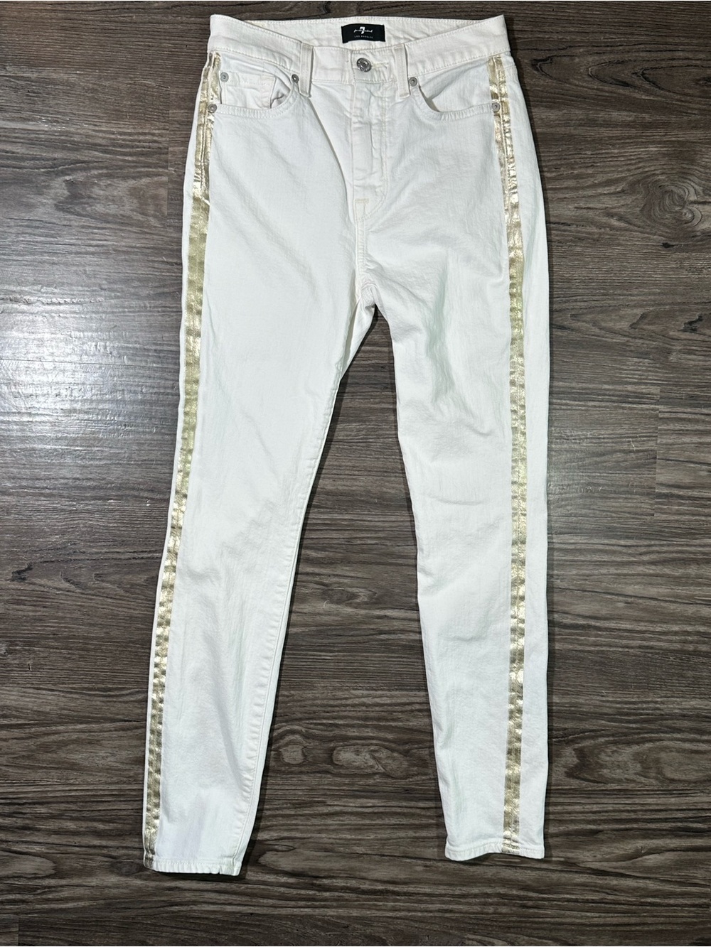 7FAM 7 FOR ALL MANKIND Gold Foil Tuxedo Stripe High Waist Ankle Skinny Jeans 25